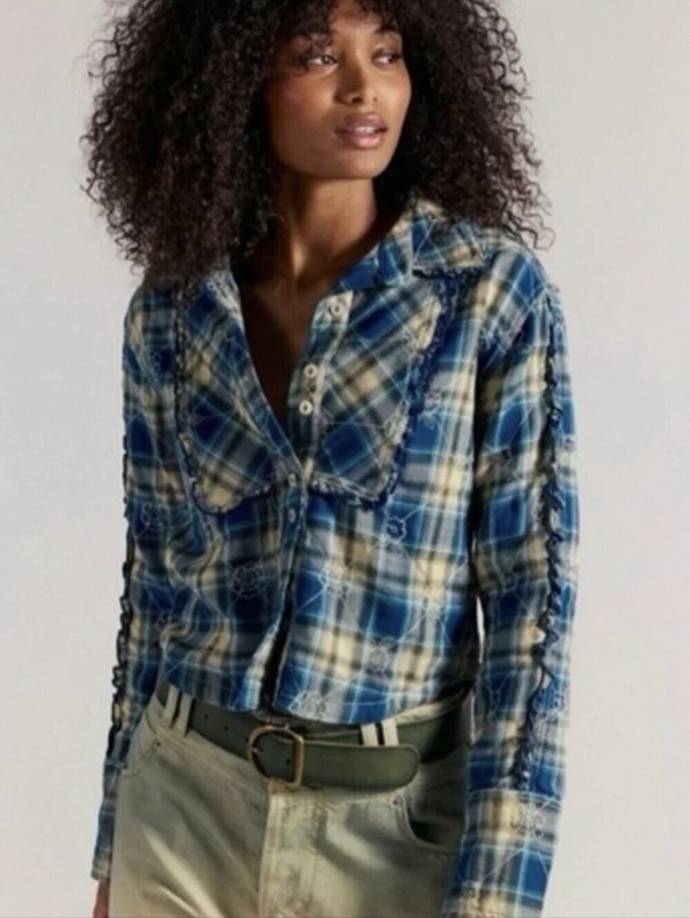 NWOT We The Free Georgia Flannel Plaid Embroidered Ruffled Button Down Shirt XL